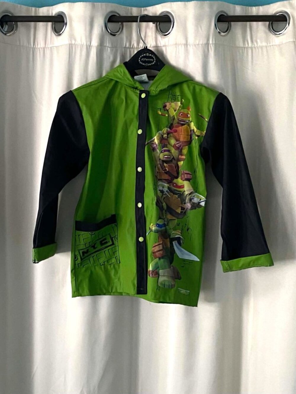 Nickelodeon TMNT Boys Raincoat Hooded Snap Front Green Rain Jacket Size M/L